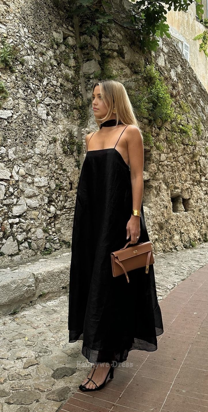A-Linie Spaghettiträger Schwarz Lange Abendkleider Brautjungfernkleider Abendkleid Ballkleid